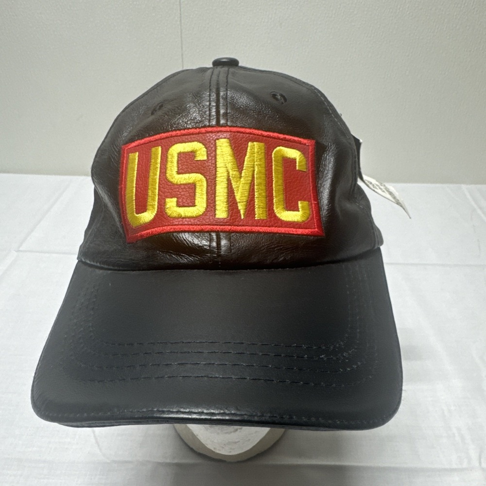 Vintage Black Leather USMC Adjustable Embroidered Hat United States Marine NEW